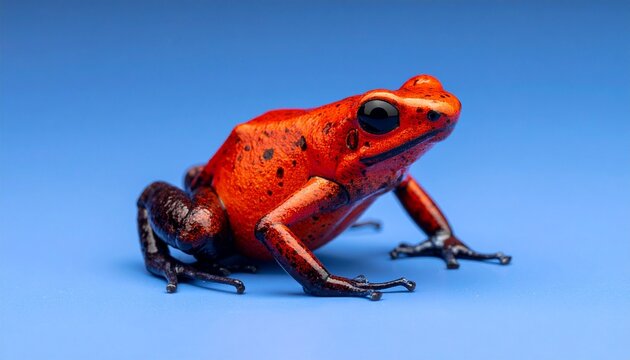 Striking red poison-dart frog with black limbs on light blue background