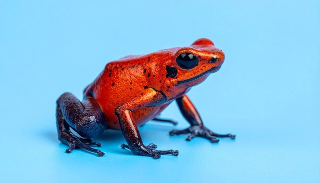 Striking red poison-dart frog with black limbs on light blue background