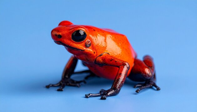 Striking red poison-dart frog with black limbs on light blue background