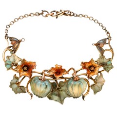Autumn-themed pumpkin necklace with leaves on a transparent background