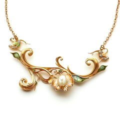 Elegant floral gold necklace with pearl and gemstones on a transparent background