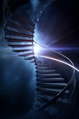 Naklejka premium Spiral staircase illuminated by ethereal light, creating a sense of depth and mystery, leading into an abstract cosmic environment with swirling colors and textures