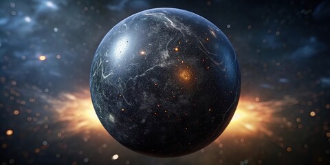 Black matte stone with flecks against a cosmic background showcasing glowing elements