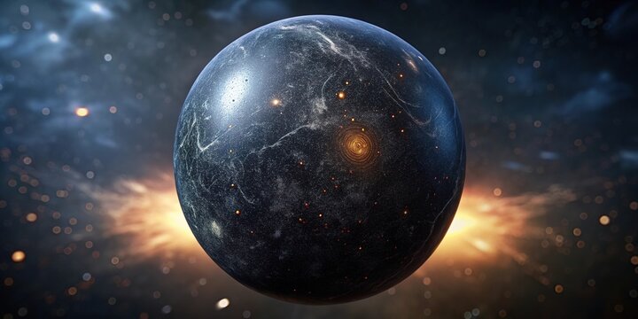 Black matte stone with flecks against a cosmic background showcasing glowing elements