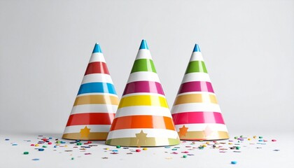 Obraz premium Colorful Party Hats with Confetti – Festive Celebration Scene on White Background