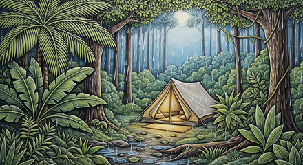 3D Relief Wallpaper of Rain on Tent in Tropical Forest 3D Wallpaper for cover, mural wall art, invitation, poster, canvas print, wall decor painting design