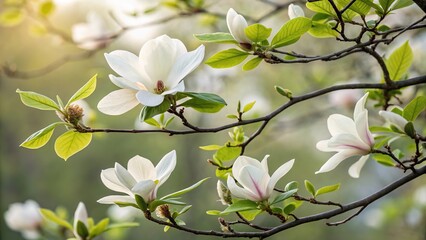 Obraz premium Blooming magnolia tree with white flowers during springtime in a natural setting