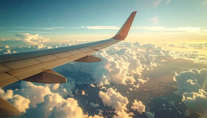 Naklejka premium Airplane wing glides above textured clouds, catching the sunlight, with blue sky glimpses