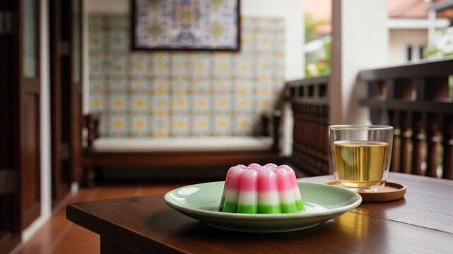 Traditional asian layered jelly dessert known as kuih lapis served with a hot cup of tea