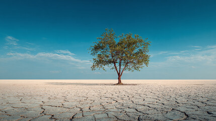A solitary tree stands tall in a vast, arid landscape under a clear blue sky. The ground is cracked and dry, emphasizing the tree's resilience