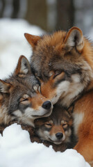 A mother wolf warms her pups in the snow. - generative ai