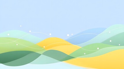Obraz premium Serene abstract background depicting organic flowing shapes in soft pastel blues greens and yellows resembling rolling hills or gentle waves enhanced by delicate white lines and dots for a clean