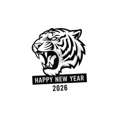 Black and White Roaring Tiger Head Mascot Logo for Happy New Year 2026 Greeting Card
