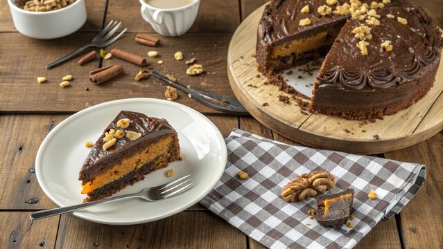 Delicious brazilian bolo de cenoura with chocolate frosting on a rustic wooden table