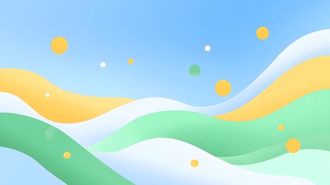 A modern abstract digital illust n featuring soft flowing waves in pastel yellow green and white accented by numerous circular orbs set against a bright clear sky