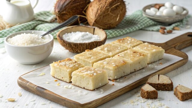 Delicious brazilian cocada coconut sweets cut into squares on a wooden board with ingredients displayed