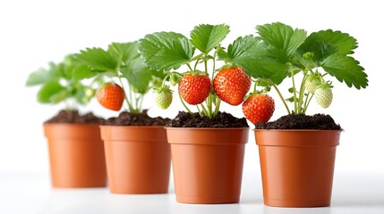 Multiple small brown pots each containing a healthy strawberry plant with green leaves and developing fruit some red and ripe others green and unripe