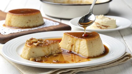 Delicious brazilian pudim flan on a minimalist background perfect for dessert lovers and special occasions