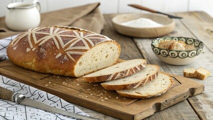Freshly baked bread loaf sliced on a rustic wooden table with decorative patterns and adjacent kitchen items