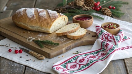 Freshly baked bread loaf on cutting board with holiday decorations and festive napkin