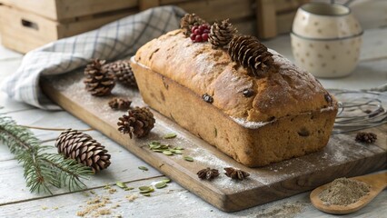 Rustic bread loaf with pinecone decor on a wooden surface creating a cozy, natural ambiance