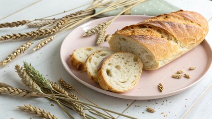 Freshly baked bread loaf with slices on a pastel plate alongside wheat stalks in soft lighting