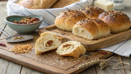 Rustic bread rolls showcasing unique fillings on a wooden table with toppings and condiments nearby
