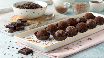Decadent brigadeiros chocolate truffles elegantly arranged on a white serving platter