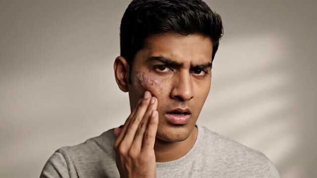 A Young Man's Reaction to His Skin Condition, Touching His Face with Concern