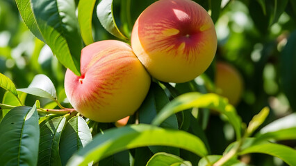Close-up of two ripe peaches hanging from a tree branch surrounded by green leaves on a sunny day