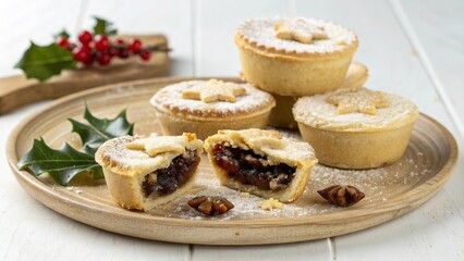 Delicious british mince pies on a rustic plate with holly and red berries for festive gatherings