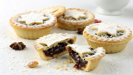 Delicious British mince pies with powdered sugar served on a white plate, perfect for festive celebrations