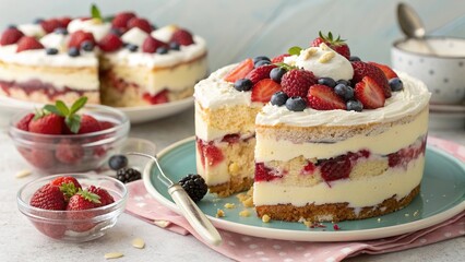 Layers of British trifle dessert with fresh fruits and creamy filling on a pastel background