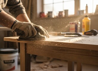 Skilled Artisan Sands Wooden Table Surface in Workshop with Sunlight Dust Particles Floating in the Air
