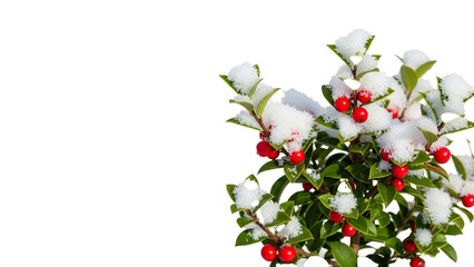 Vibrant red berries and green leaves covered in fresh white snow a winters beauty.