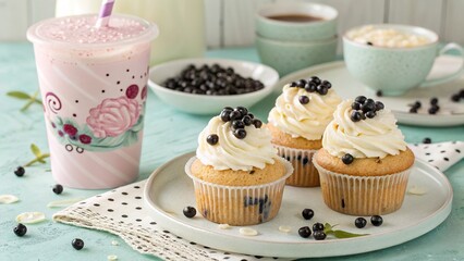 Delicious bubble tea flavored cupcakes with a pastel background and colorful dessert setting