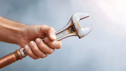 Close up of a person s hand holding a metal adjustable wrench connected to a copper pipe implying a task related to maintenance construction or plumbing services