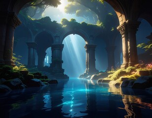 Mystical Ancient Ruins Submerged In Glowing Blue Water With Sunbeams Shining Through Overgrown Arches Creating An Ethereal Atmosphere