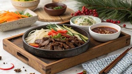Festive bulgogi beef served in a rustic tray with fresh vegetables and dipping sauce