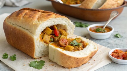 Bunny chow loaf filled with flavorful curry on a neutral surface ready to serve