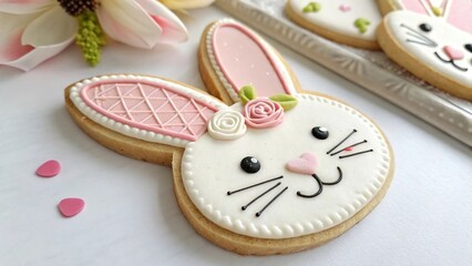 Delightful close-up of a beautifully decorated bunny cookie with pink and white icing details and floral accents