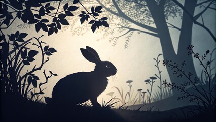 Bunny cutout silhouette casting shadows in a peaceful forest scene at dusk