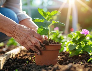 Elderly Hands Gently Planting a Green Seedling in a Brown Pot Outdoors in Warm Sunlight With Blurred Greenery Background