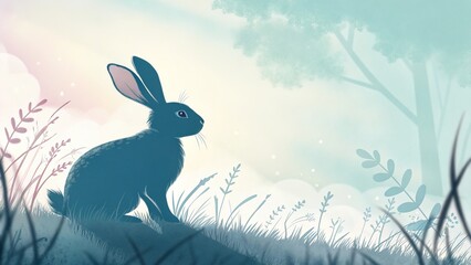 Bunny silhouette against a pastel sky at dusk in a serene outdoor setting