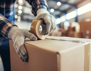 Warehouse Worker Wearing Plaid Shirt and Gloves Taping a Cardboard Box with Clear Tape in a Bright Industrial Facility During Daytime