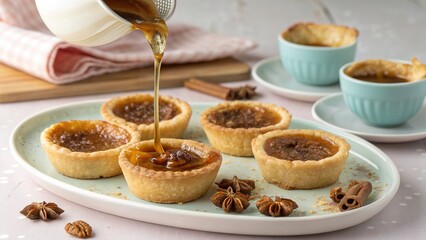 Homemade butter tarts with rich filling prepared on a pastel surface for a delightful dessert experience