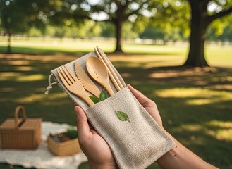 Person Holding Eco Friendly Bamboo Utensil Set With Reusable Cutlery And Chopsticks Ready For Outdoor Picnic In A Sunny Park With Lush Green Trees