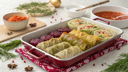 Cabbage rolls arranged on a festive tray with a vibrant sauce and fresh ingredients on a neutral background for a delightful meal