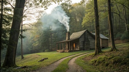 Smoke rising from chimney of a cozy cabin nestled in a serene forest during early evening hours