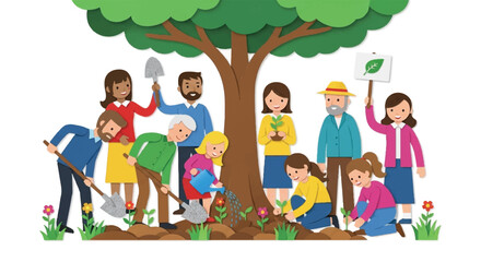 Cartoon Illustration of Diverse Happy Family and Community People Standing Together Under a Large Green Tree